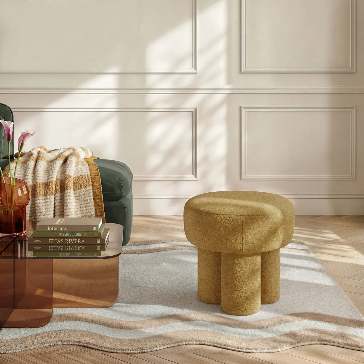 Petit pouf en tissu velours texturé - Ocre