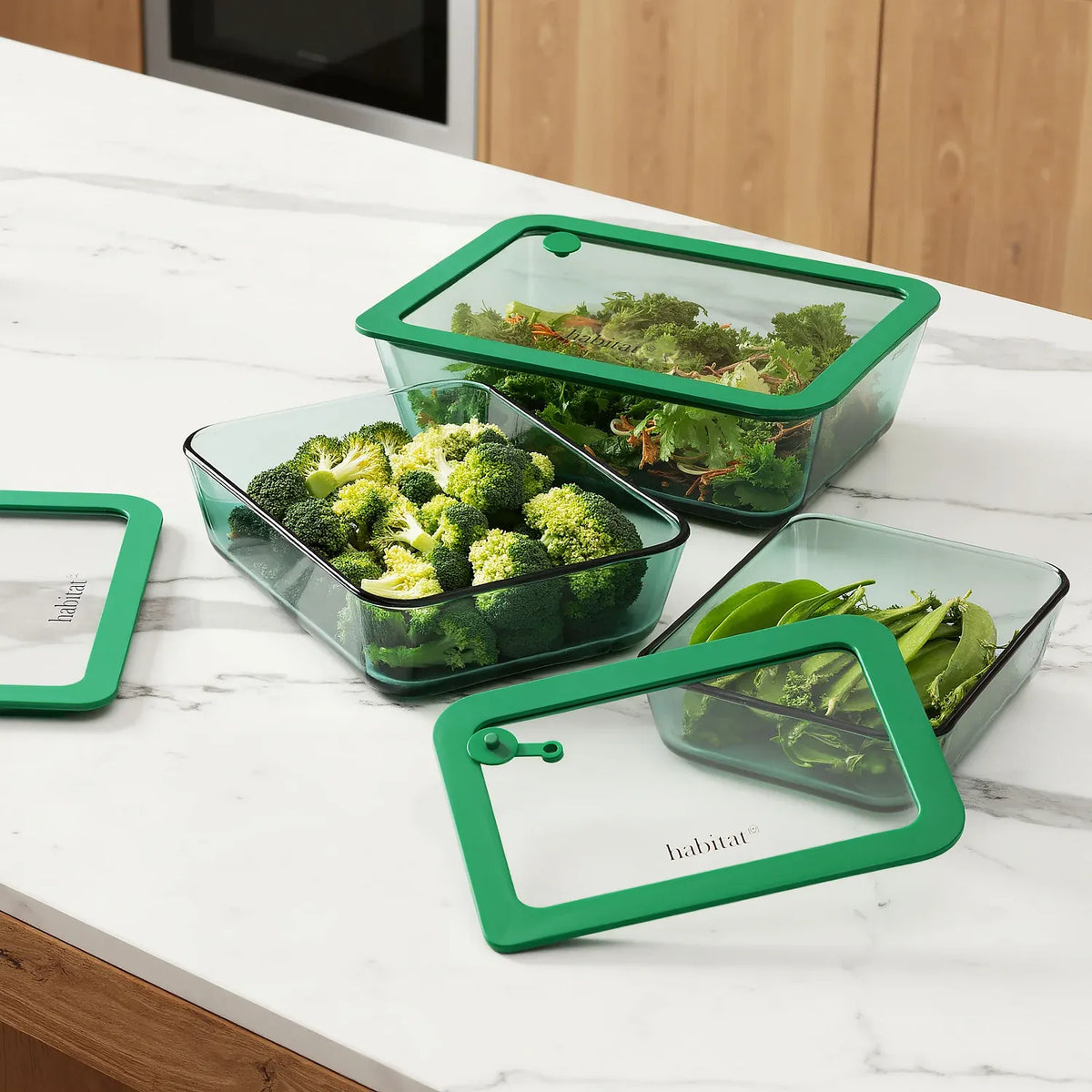 Lot de 3 boîtes de conservation rectangulaires en verre avec couvercle transparent et valve - Vert
