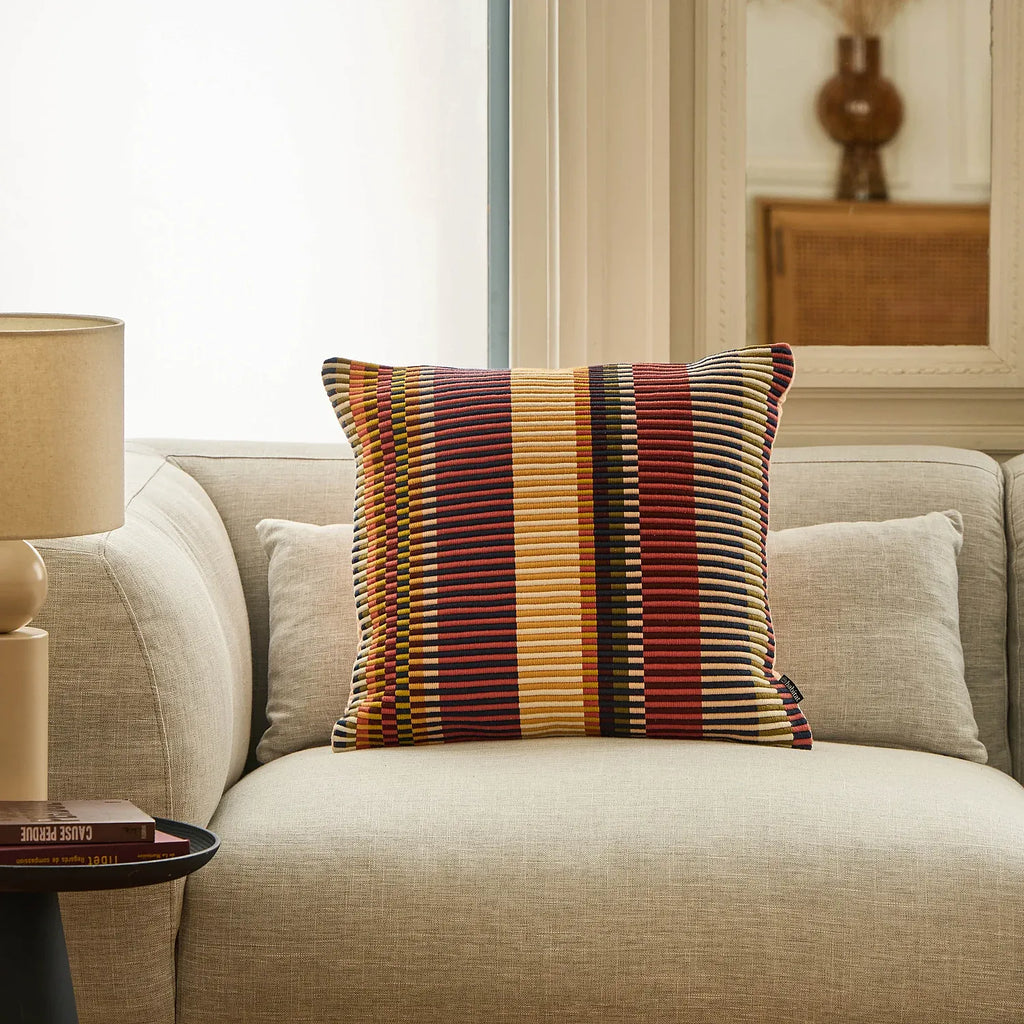 Coussin en coton côtelé - 50 x 50 cm - Motifs rayés - Marron et Rouge