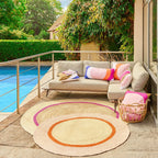 Tapis d'extérieur rond en jute déperlant - 150 cm - Naturel et Orange - Design par Floriane Jacques