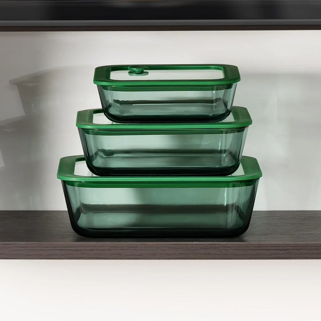 Lot de 3 boîtes de conservation carrées en verre avec couvercle transparent et valve - Vert