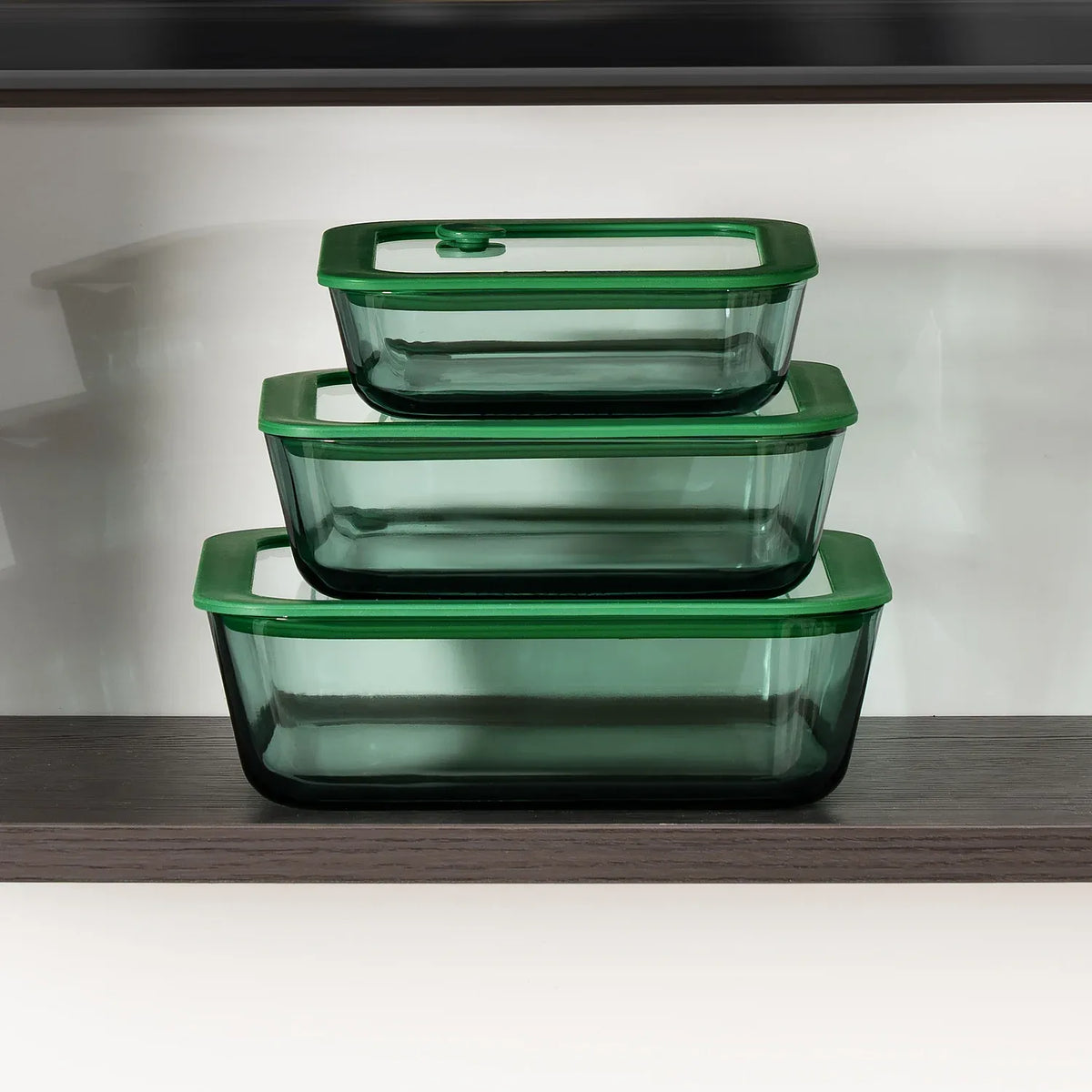 Lot de 3 boîtes de conservation carrées en verre avec couvercle transparent et valve - Vert