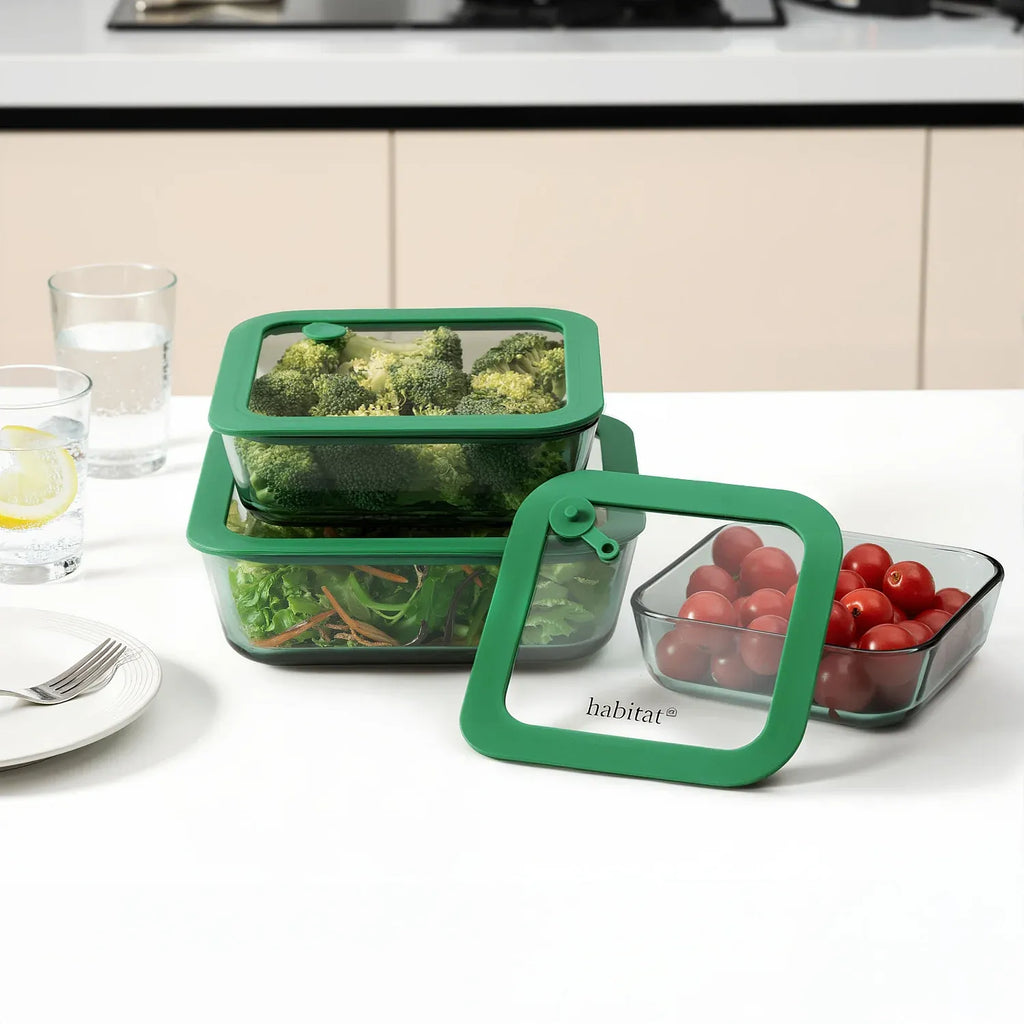 Lot de 3 boîtes de conservation carrées en verre avec couvercle transparent et valve - Vert