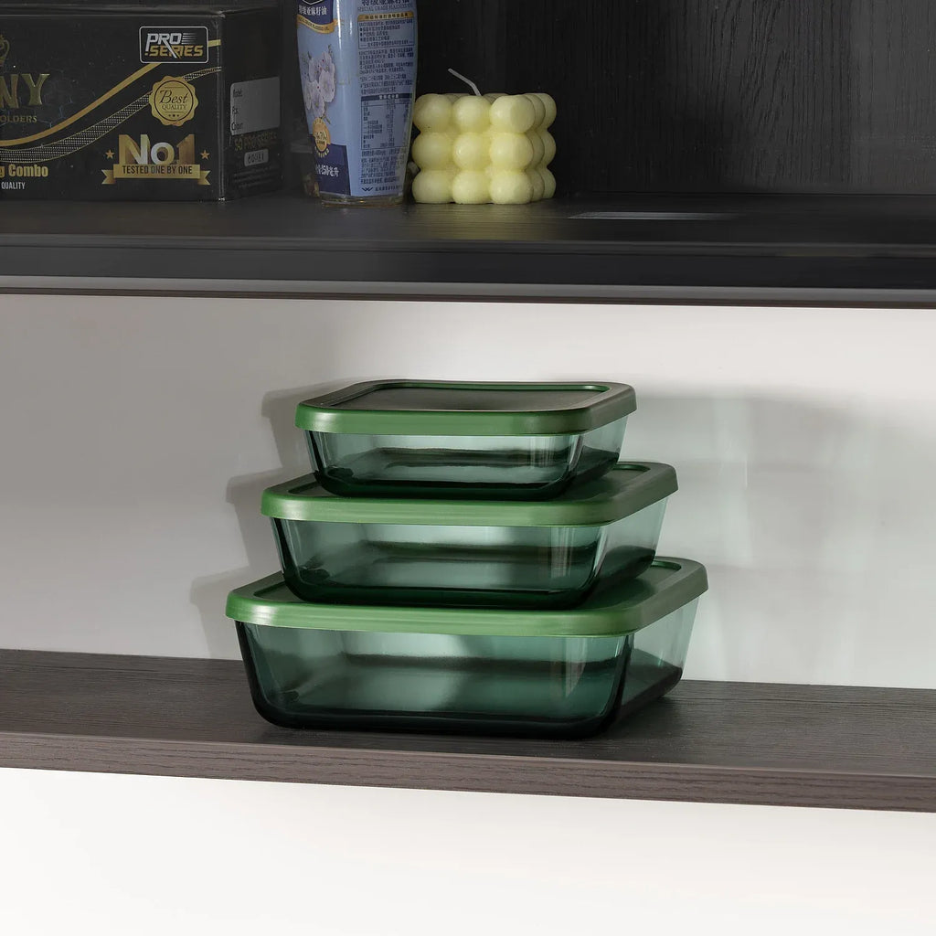 Lot de 3 boîtes de conservation carrées en verre - Vert