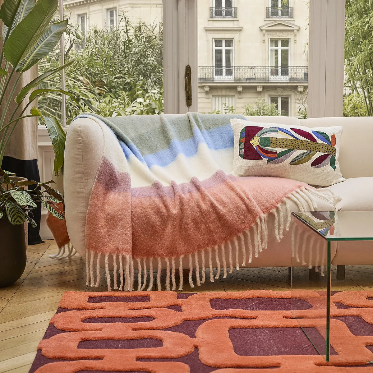 Plaid en laine - 130 x 170 cm - Vert et orange - Design by Floriane Jacques