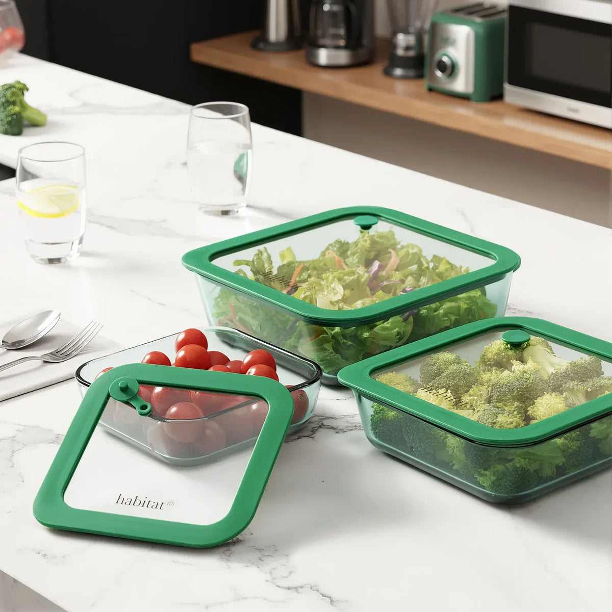 Lot de 3 boîtes de conservation carrées en verre avec couvercle transparent et valve - Vert