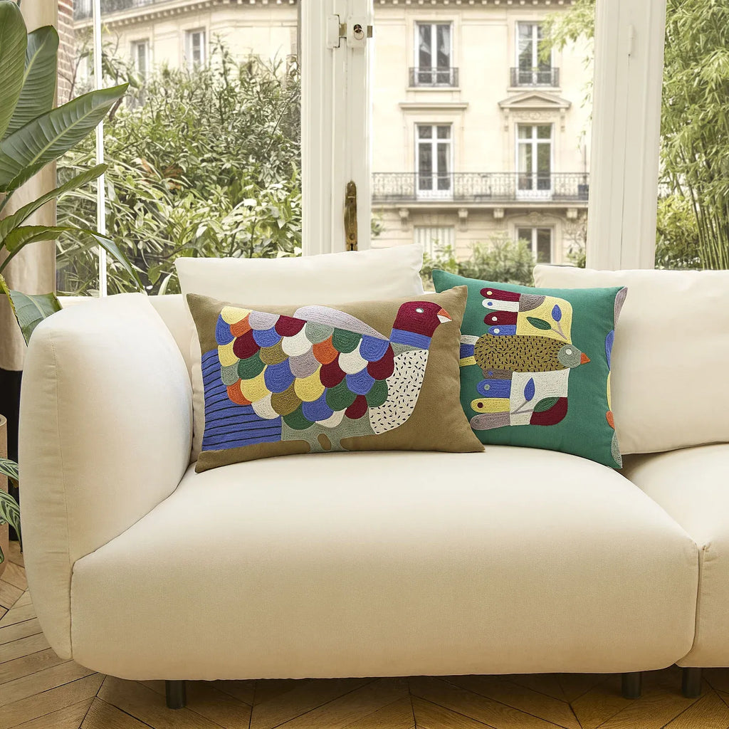 Coussin brodé en coton - 45 x 45 cm - Vert - Design by Floriane Jacques