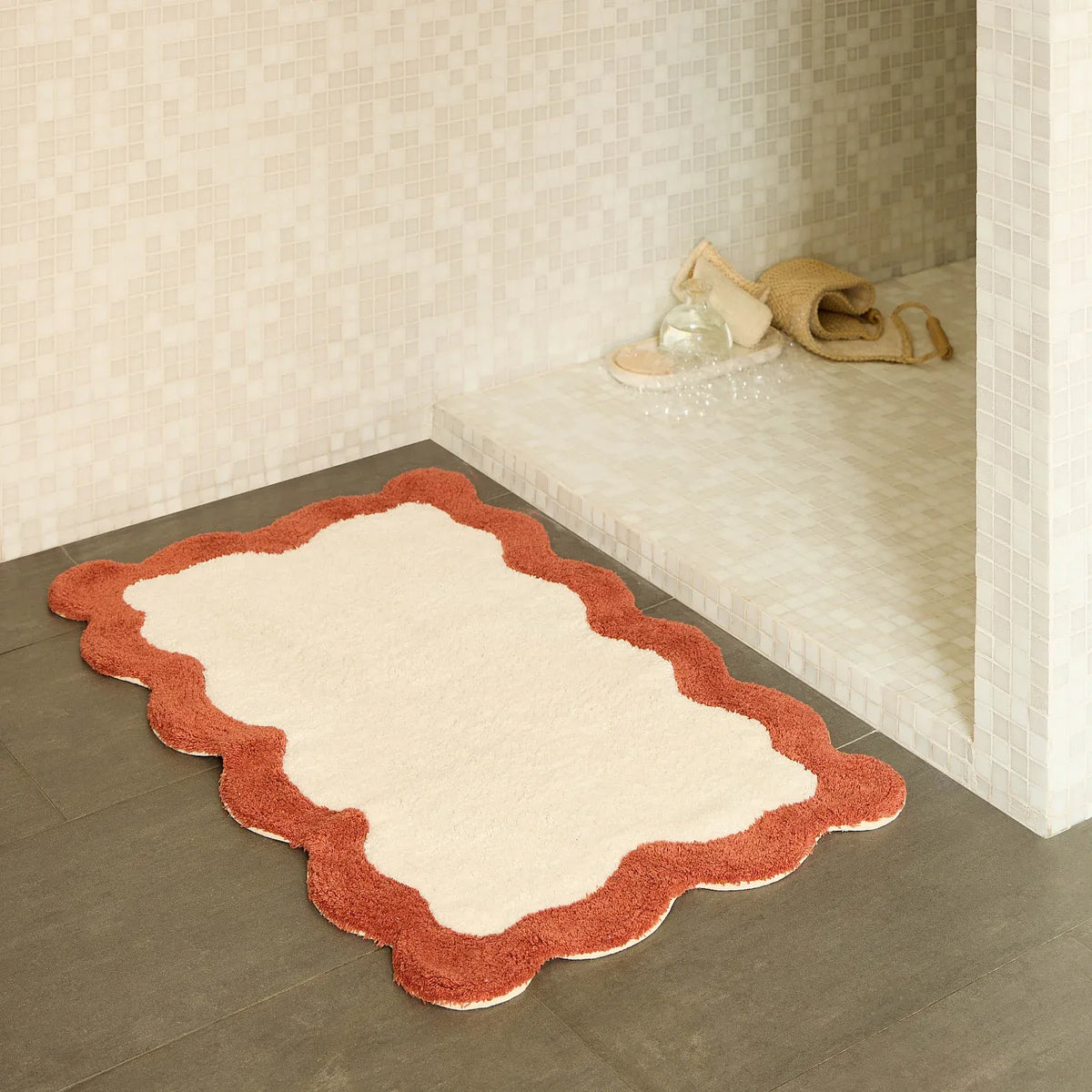Tapis de bain festonné en coton naturel - 1200 g/m² - 50 x 80 cm - Terracotta