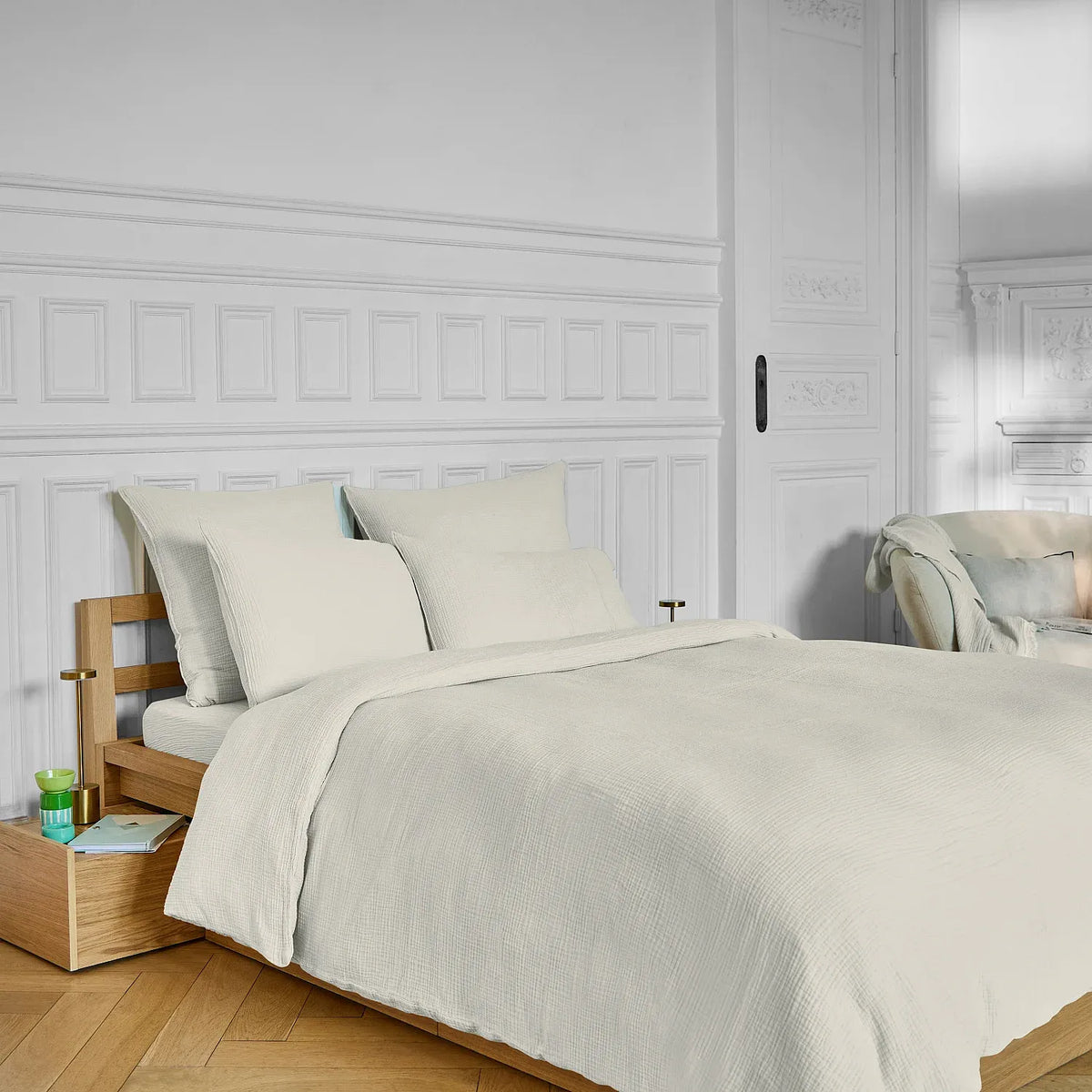 Drap housse en double gaze de coton - 160 x 200 cm - Écru