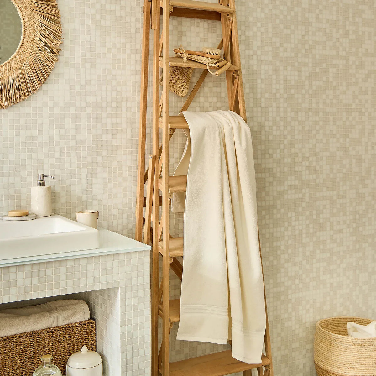 Serviette de bain en coton naturel - 650 g/m² - 100 x 150 cm - Blanc