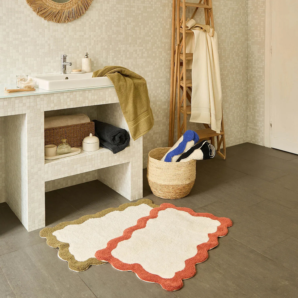 Tapis de bain festonné en coton naturel - 1200 g/m² - 50 x 80 cm - Terracotta