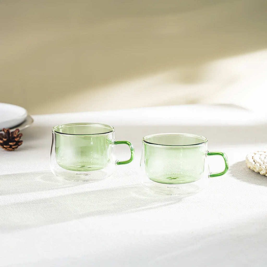 Lot de 2 tasses double paroi en verre avec anse - 22 cl - Vert