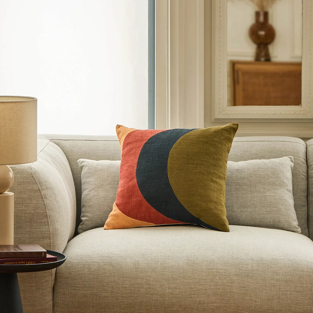Coussin en lin et coton - 45 x 45 cm - Bronze, bleu et rose - Design by Floriane Jacques