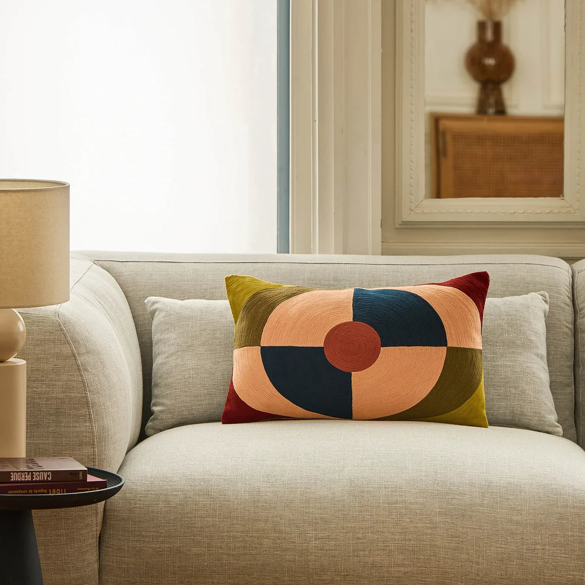 Coussin en lin et coton - 30 x 50 cm - Bronze, bleu et rose - Design by Floriane Jacques