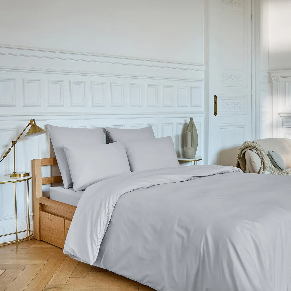 Drap housse en percale de coton - 160 x 200 cm - Gris perle